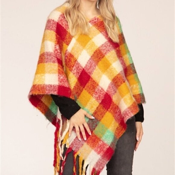 MULTI COLOR PLAID PRINT PONCHO - SOFT - Picture 1 of 8